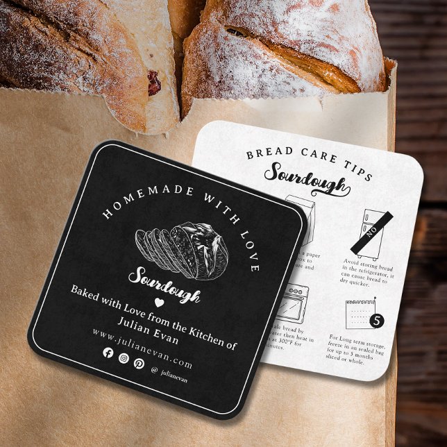 Modern Black Homemade Sourdough Bread Care Tips Square Business Card (Modern Black Homemade Sourdough Bread Care Tips Square Business Card)