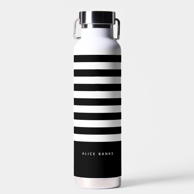 Modern Black Horizontal Stripes & Bold Name Water Bottle (Front)
