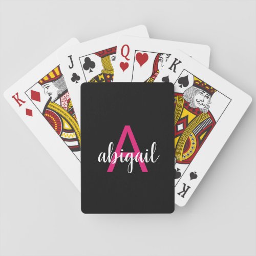 Modern Black Hot Pink Girly Monogram Name Poker Cards