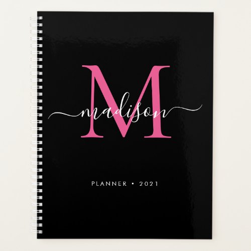 Modern Black Hot Pink Girly Monogram Script 2021 Planner