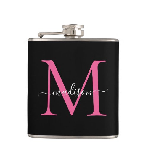 Modern Black Hot Pink Magenta Monogram Script Name Flask