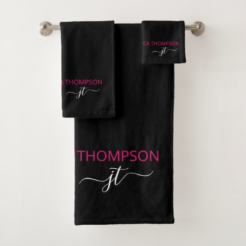 Modern Black Hot Pink Simple Script Monogram Name Bath Towel Set