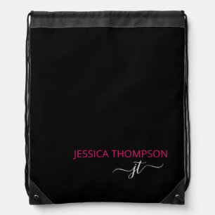 Modern Black Hot Pink Simple Script Monogram Name Drawstring Bag
