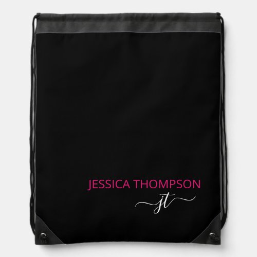 Modern Black Hot Pink Simple Script Monogram Name Drawstring Bag