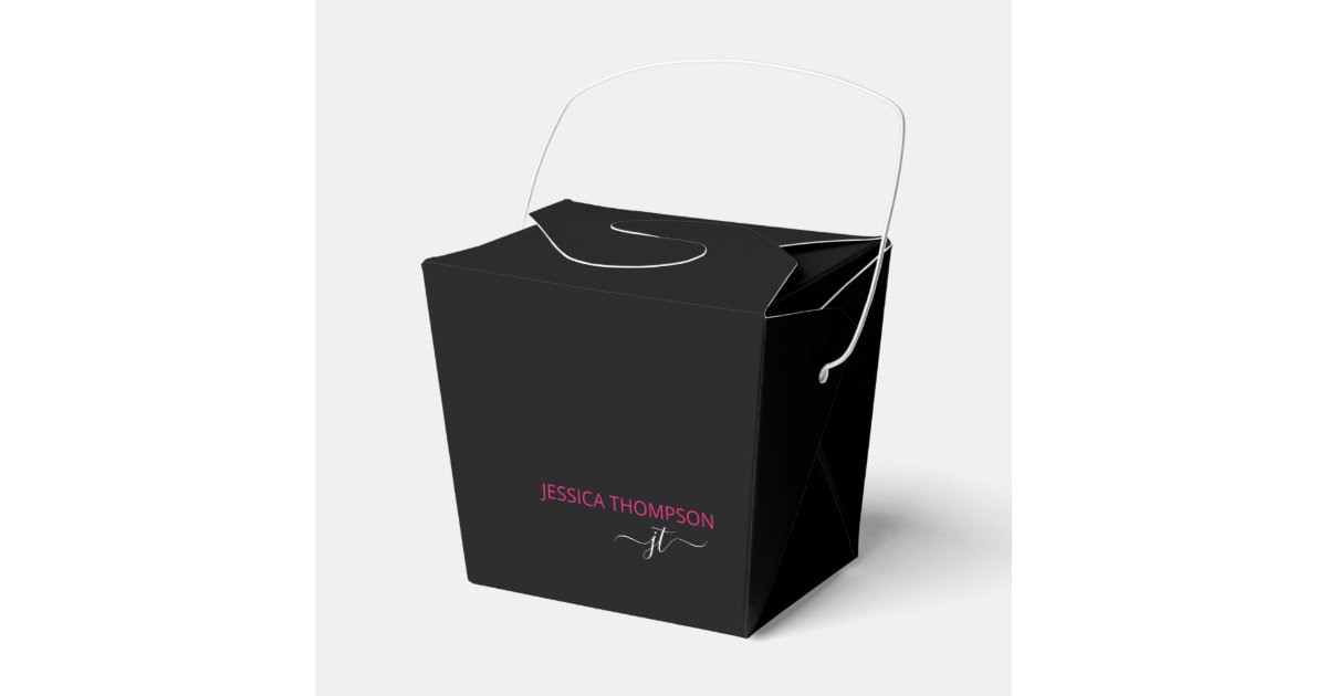 Modern Black Hot Pink Simple Script Monogram Name Favor Boxes | Zazzle