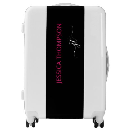 Modern Black Hot Pink Simple Script Monogram Name Luggage