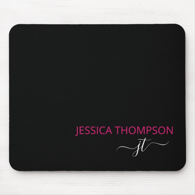 Modern Black Hot Pink Simple Script Monogram Name  Mouse Pad (Front)