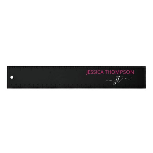 Modern Black Hot Pink Simple Script Monogram Name  Ruler