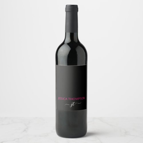 Modern Black Hot Pink Simple Script Monogram Name  Wine Label