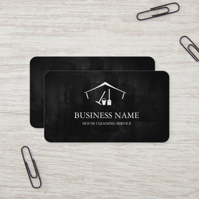 Modern Black House Cleaning Service House Logo Business Card (Front/Back In Situ)