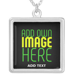 MODERN BLACK IMAGE TEXT TEMPLATE LARGE SIZED SILVER PLATED NECKLACE