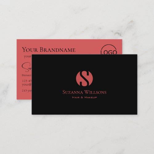 Modern Black Indian Red with Monogram and Logo Business Card