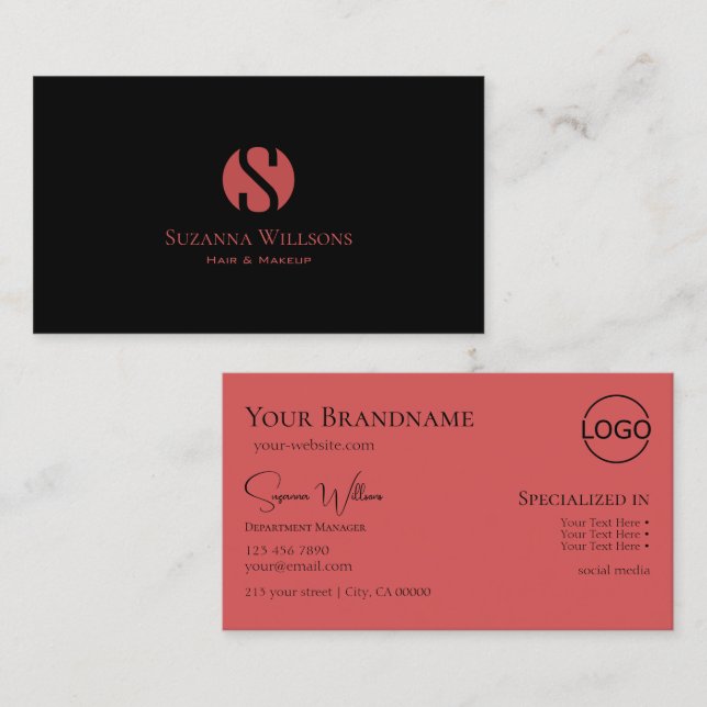 Modern Black Indian Red with Monogram and Logo Business Card (Front/Back)