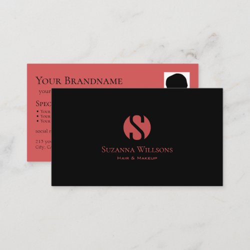 Modern Black Indian Red with Monogram and Photo Business Card