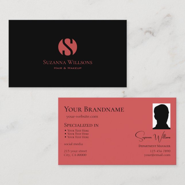 Modern Black Indian Red with Monogram and Photo Business Card (Front/Back)