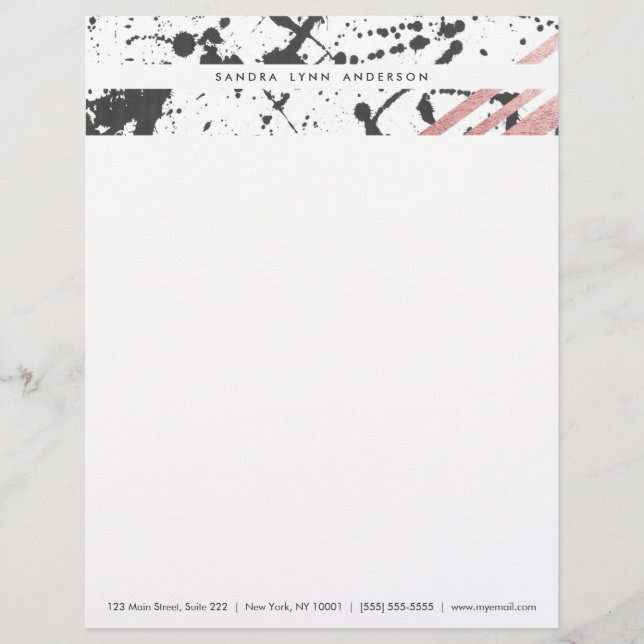 Modern Black Ink Splatter Rose Gold Stripes Letterhead (Front)