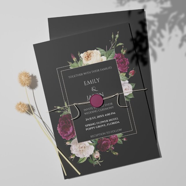 Modern Black Invitation with Burgundy Peonies (Creator Uploaded)