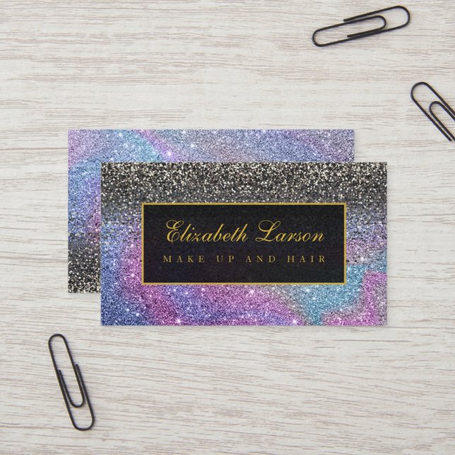 Modern Black Iridescent Glitter Beauty Makeup Business Card (Front/Back In Situ)