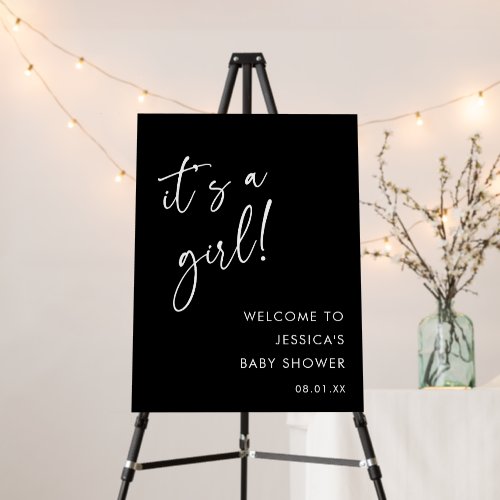 Modern Black It's a Girl Baby Shower Welcome Sign
