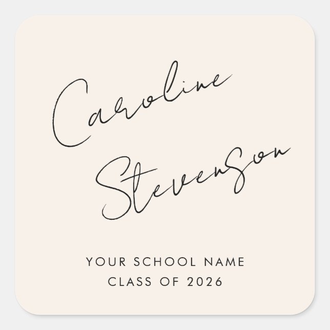 Modern Black Ivory Script Personalized Graduation Square Sticker (Front)