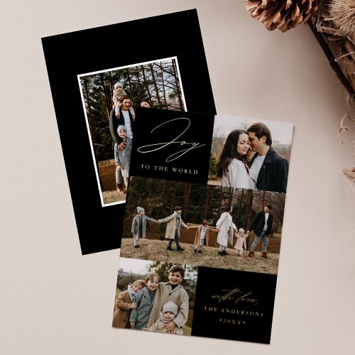 Modern Black Joy to the World 4 Photo Foil Holiday Card