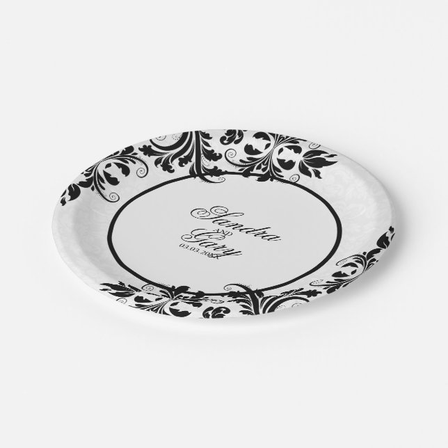 Modern Black Lace White Damask Pattern Paper Plates (Angled)
