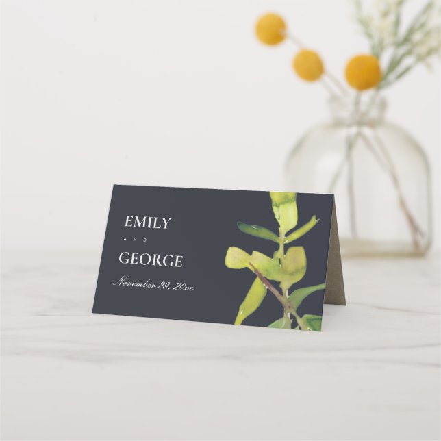 MODERN BLACK LEAFY FOLIAGE GREENERY WATERCOLOR PLACE CARD (Back)