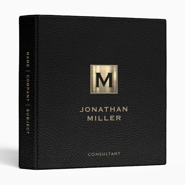 Modern Black Leather Gold Monogram 3 Ring Binder (Front/Spine)