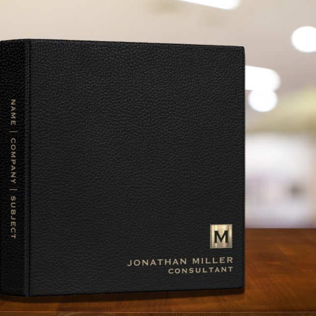 Modern Black Leather Gold Monogram 3 Ring Binder (Creator Uploaded)