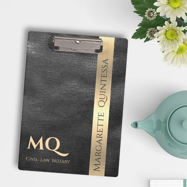 Modern Black Leather Gold Monogrammed Stylish Name Clipboard (Creator Uploaded)