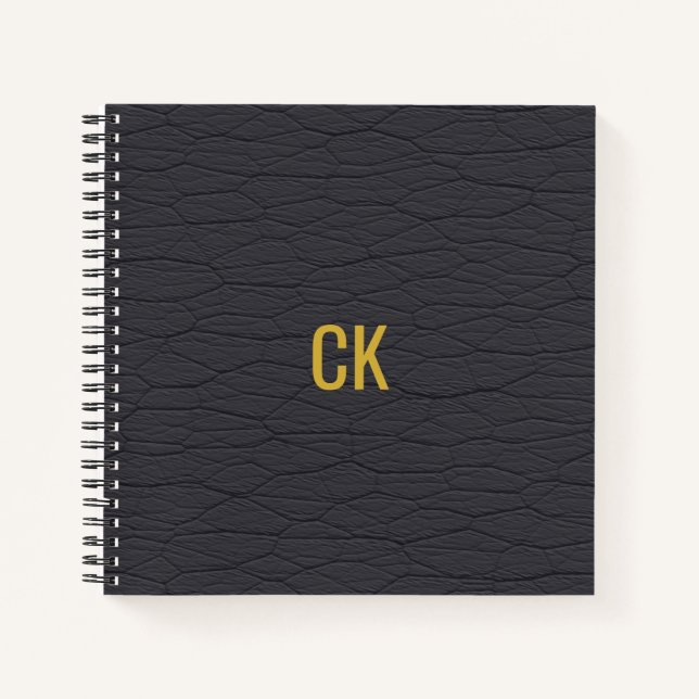 Modern Black Leather Pattern Monogram Initials Notebook (Front)