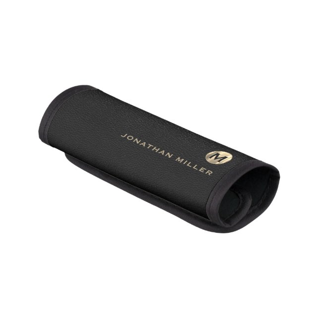 Modern Black Leather Print Classic Gold Monogram Luggage Handle Wrap (Angled)