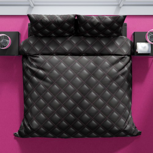Modern Black Leather Quilted Geometric Pattern Duvet Cover