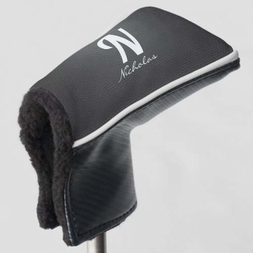 Modern Black Leather Texture White Monogram Name Golf Head Cover