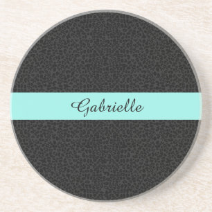 Modern Black Leopard Print Aqua Stripe With Name Drink Coaster