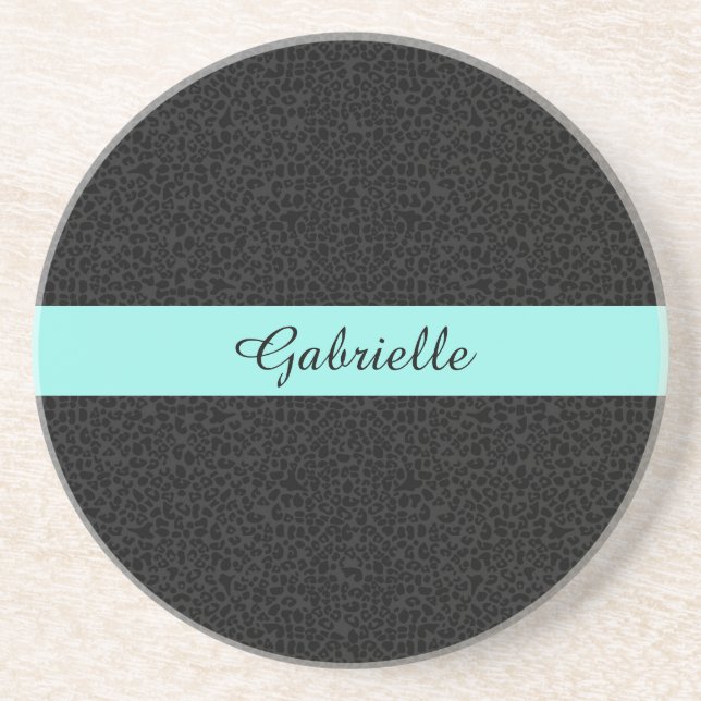 Modern Black Leopard Print Aqua Stripe With Name Drink Coaster (Front)