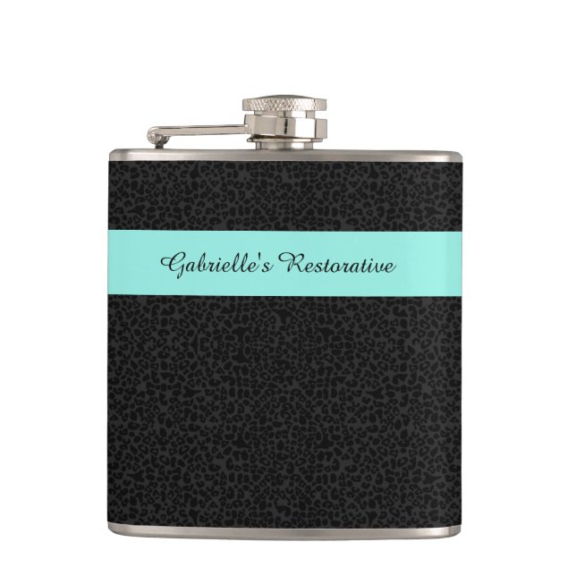 Modern Black Leopard Print Aqua Stripe With Name Flask (Front)