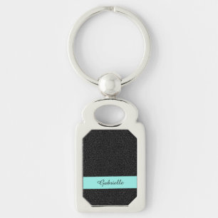 Modern Black Leopard Print Aqua Stripe With Name Keychain