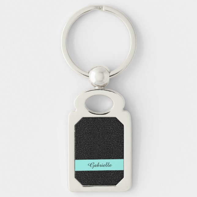 Modern Black Leopard Print Aqua Stripe With Name Keychain (Front)