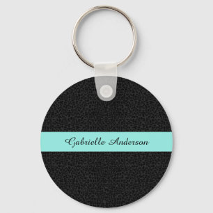 Modern Black Leopard Print Aqua Stripe With Name Keychain