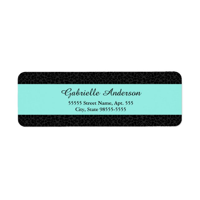 Modern Black Leopard Print Aqua Stripe With Name Label (Front)