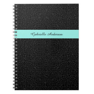 Modern Black Leopard Print Aqua Stripe With Name Notebook