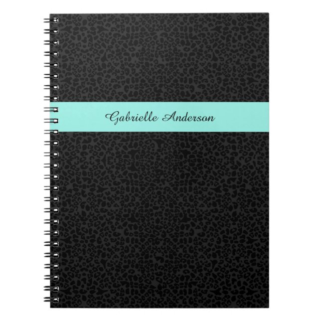 Modern Black Leopard Print Aqua Stripe With Name Notebook (Front)