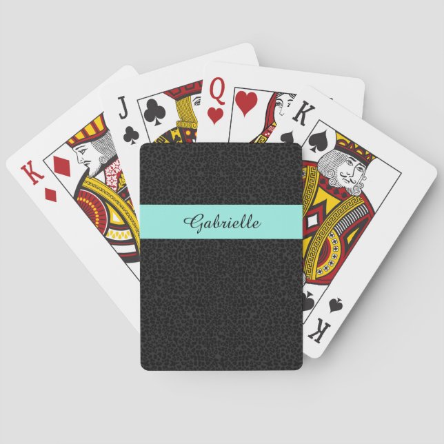 Modern Black Leopard Print Aqua Stripe With Name Poker Cards (Back)