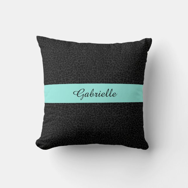 Modern Black Leopard Print Aqua Stripe With Name Throw Pillow (Front)