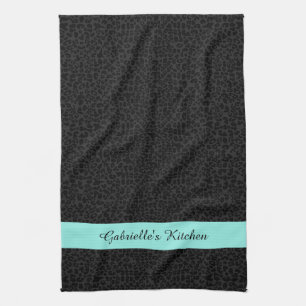 Modern Black Leopard Print Aqua Stripe With Name Towel