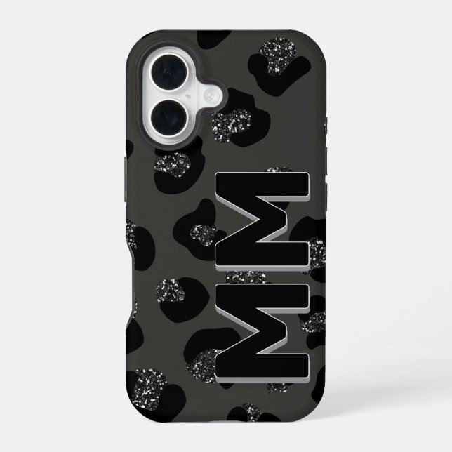 Modern Black Leopard Print Dark Shadow Monogram  Iphone Case (Back)