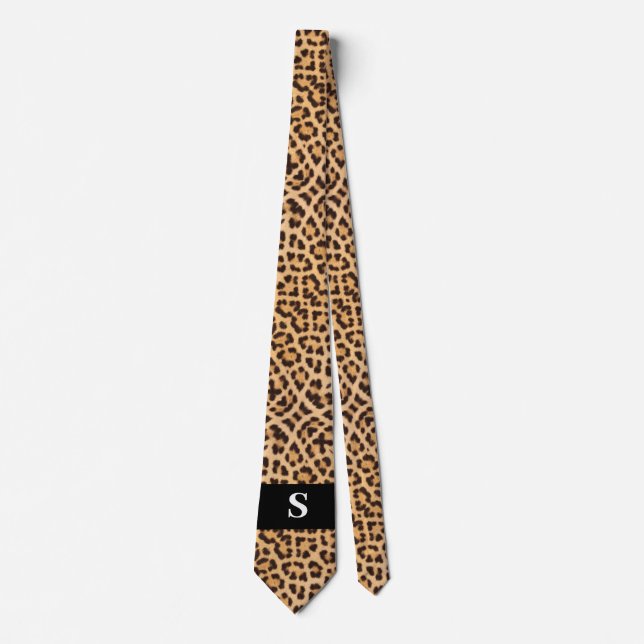 Modern Black Leopard Print Monogram Mens  Neck Tie (Front)
