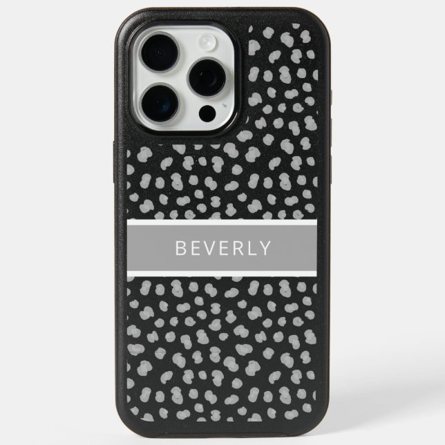 Modern Black Leopard Print Personalized iPhone 15 Pro Max Case (Back)