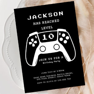 Modern Black Level Up Gamer Kids Birthday Party Invitation